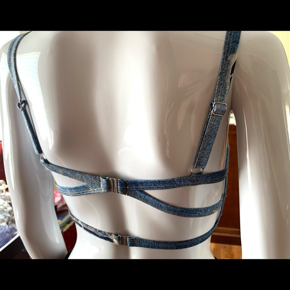 Beautiful bikini top braletta denim pattern multiple back straps metal eyelets - Picture 4 of 16